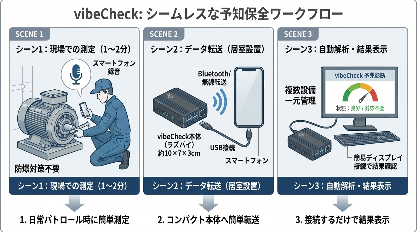 vibeCheck 運用ワークフロー：現場での測定 → 居室でデータ転送 → 自動解析・結果表示
